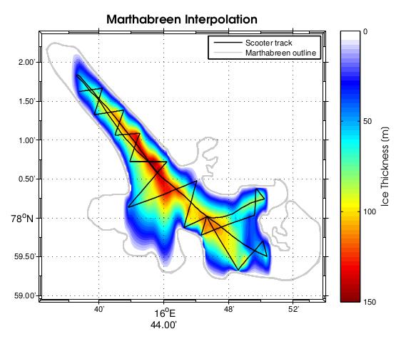 1 Estimation of ice thickness and snow distribution using Ground Penetrating Radar Figure 1.5: Marthabreen ice thickness interpolation east. (see also figure 1.10). The figure 1.