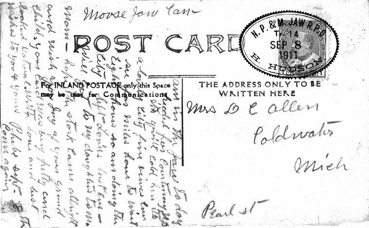 t is used as a cancellation, struck in blue, on a post card. Presumably, this clerk is the same H. Hudson of listing W-102Mh, Type 17J, N. PORT. & M. JAW R.P.O. H. HUDSON, reported between 1940 and 1943.