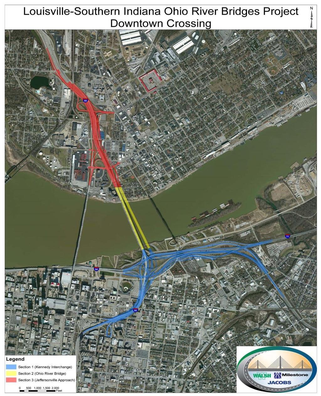 Downtown Crossing Project Facts/Overview Section 1 - Reconfigure Spaghetti Junction (I-64, I-65 and I-71) (Blue) Section 2 - Build a new I-65 bridge with six northbound lanes