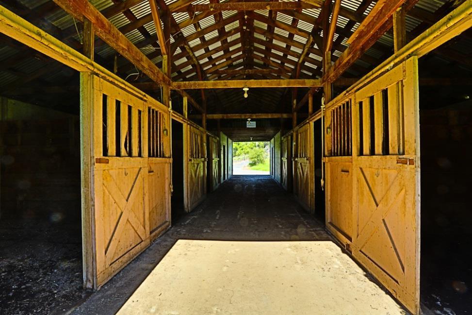 sliding front and back doors and a feed storage room. There is an open, almost level area near the barn that would make a perfect arena. The horse barn has electric and water service.