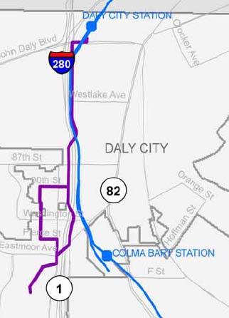 North San Mateo County Seton BART / SamTrans Route 121 both connect Seton Medical Center with Daly City BART Station, but the shuttle route (shown in purple) is more direct.