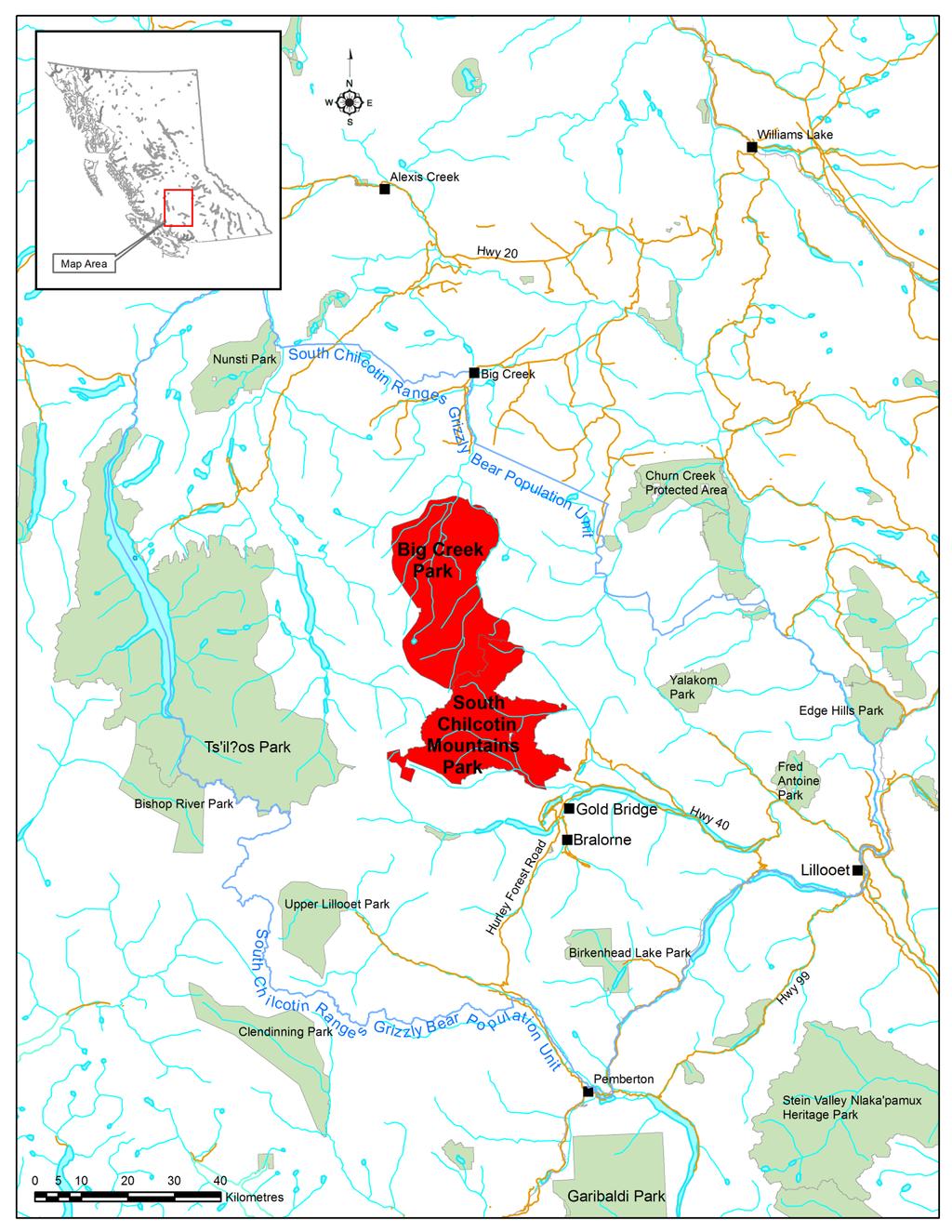 Figure 1: Context Map for South Chilcotin Mountains Park and Big Creek