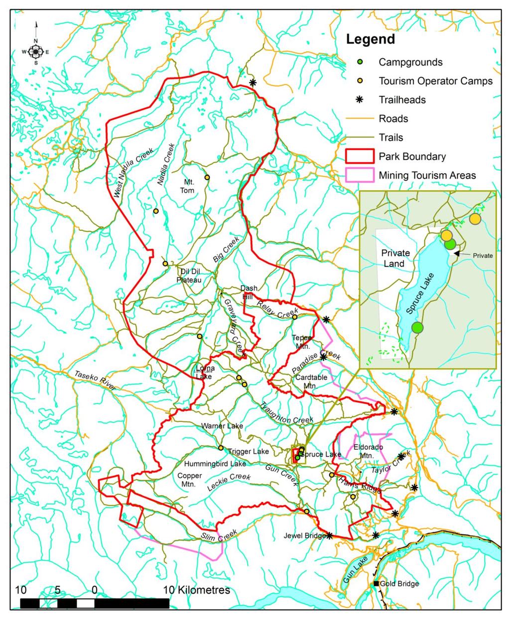Figure 6: Park Access and Facilities Map (Note: Trail locations for South Chilcotin Mountains Park