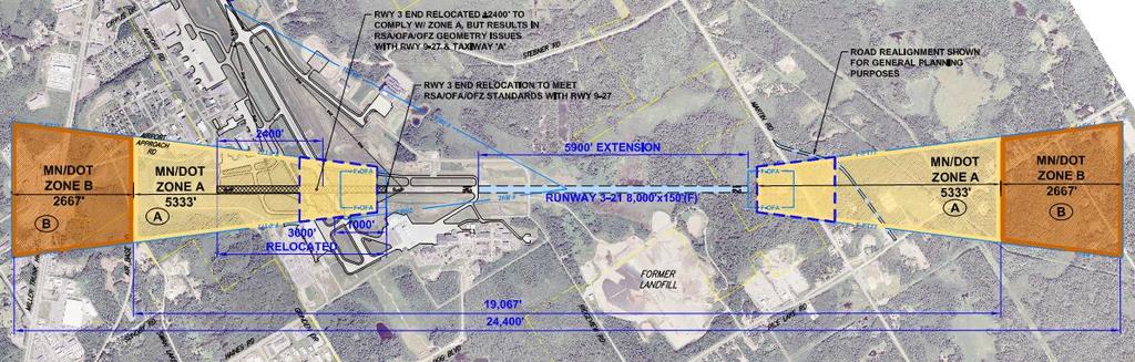 OPTION D: Displace and Relocate Runway 3 end a total of 1,400 ; 3,032 Runway 21 extension OPTION E: Maintain Runway 3 end; 2,282 Runway 21 extension Exhibit Depiction: Runway Extension (blue hatch)