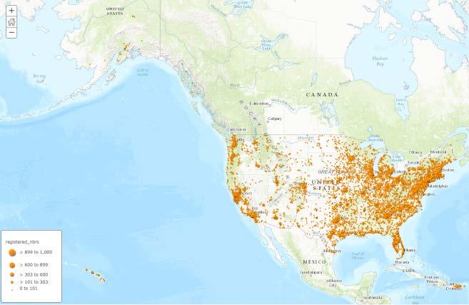 Similar to hobbyists, a geospatial distribution of commercial small UAS ownership shows denser areas correlated with economic or commercial activities across the country.