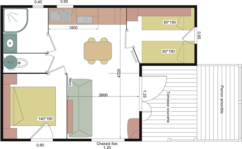 La Presqu île* - Description of accomodation Chalets Bedrooms : - Main bedroom : 1 double bed 140 x 190 and storage - second bedroom : 2 single beds