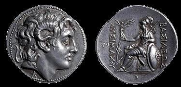 This coin denotes his full title of Seleucus I Nicator (312-281 BC), showing the 'horns' of Alexander, together with Nike (victory) crowning a trophy Lysimachus was one Marshal who seldom put his own