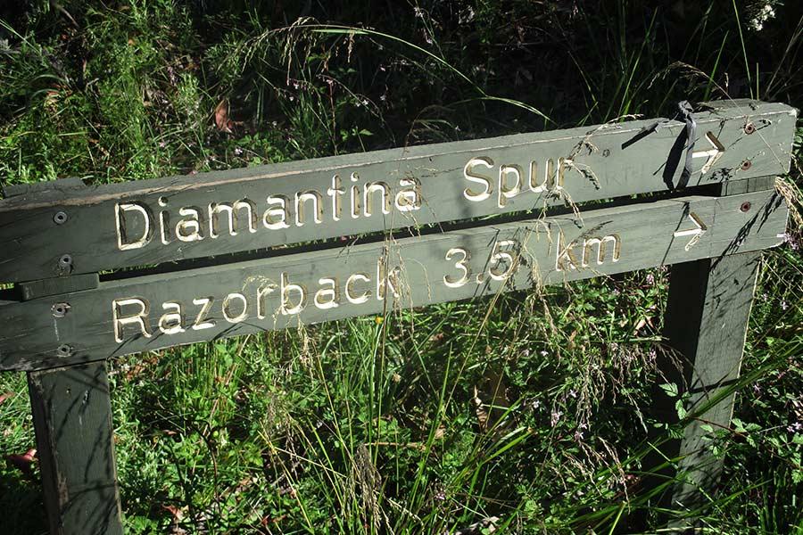 Sign near the base of Diamantina Spur, ahead is a painful ascent or joyous celebration if you re on the way down.