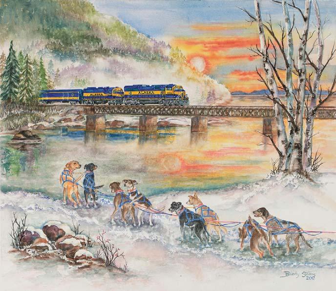 Print: 26 x 24-1/4 Poster: 21 x 18-3/4 Here Comes the Train Artist Beverly Stevens uses watercolor to depict a