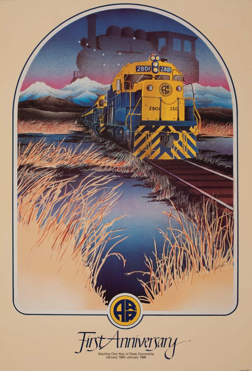 First Anniversary The Alaska Railroad was purchased by the State from the federal Government 1986 in 1985. The 1986 poster painted by Jarrett J.