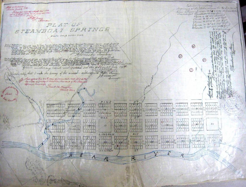 1874 Plat of Steamboat Springs Finally, the company started selling lots to settlers and merchants. The first two lots were sold to Mrs. S.D.N.