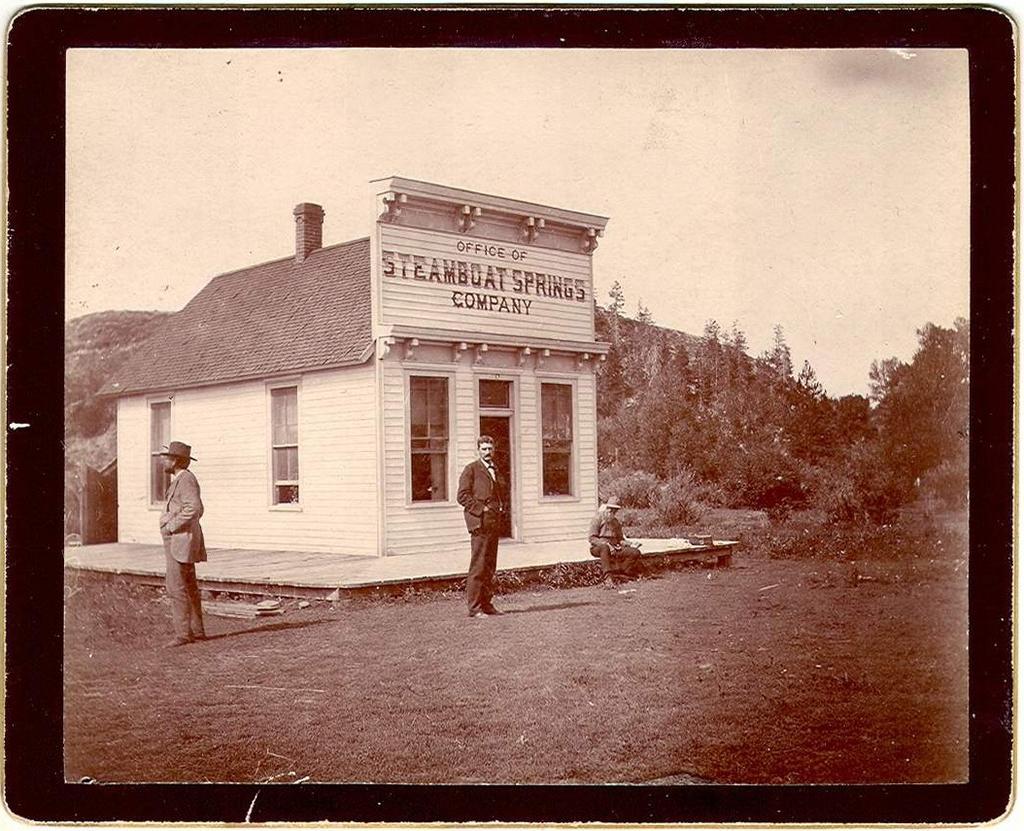A photo of the Company office, with James H. Crawford in front and his older brother John D. Crawford on the side.