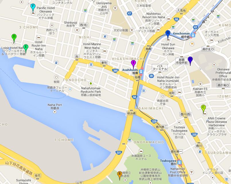 Area Map of Hotels and Budokan in Naha B: Okinawa Prefectural Budokan ( 沖縄県立武道館 ) C : ANA Crowne Plaza Okinawa Harborview HQ (ANA クラウンプラザ沖縄ハーバービュー ) D : Loisir Hotel Naha ( ロワジールホテル那覇 ) E : Loisir