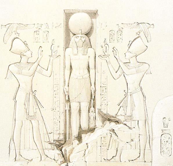 dedicated to a divine form of the king 39 In this is shown, the efforts of the pharaoh s to emphasize worship of the living king, as established earlier Statue of god Re-Horakhti in niche Abu Simbel