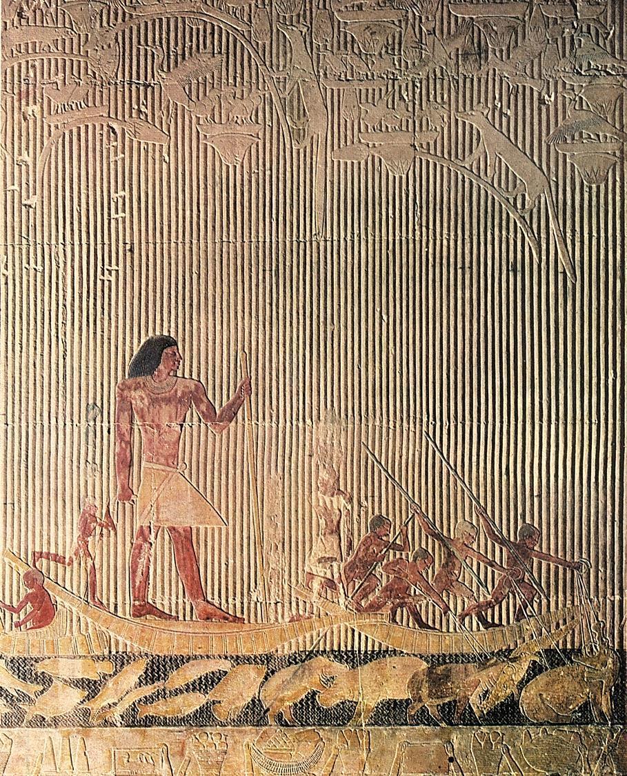 Figure 3-15 Ti watching a hippopotamus hunt, relief in the mastaba of Ti, Saqqara, Egypt, Fifth Dynasty, ca. 2450 2350 BCE. Painted limestone, 4 high.