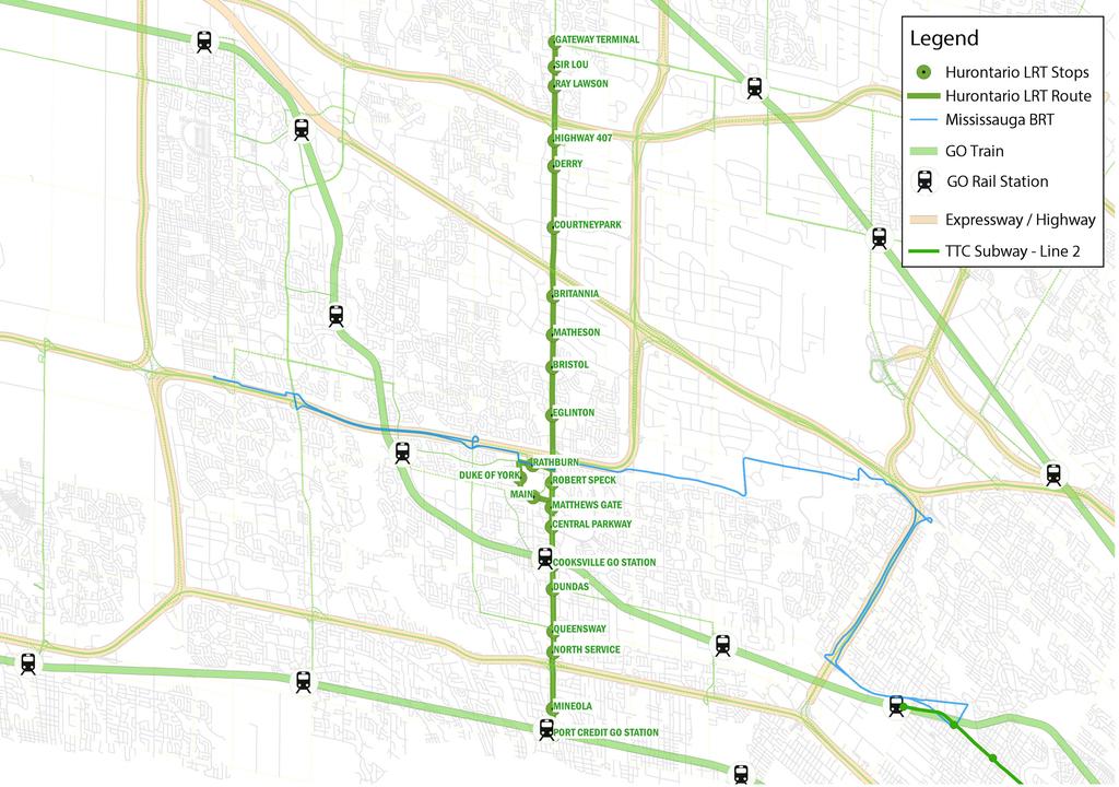Hurontario LRT and Transit Context Map showing route of Hurontario LRT relative to other connecting transit routes.