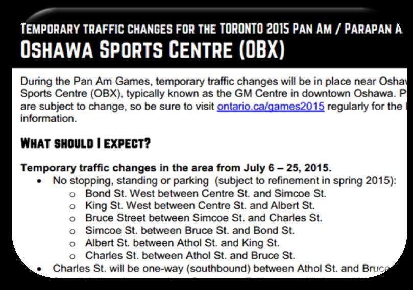 transportation plans and local traffic changes Email games2015@ontario.