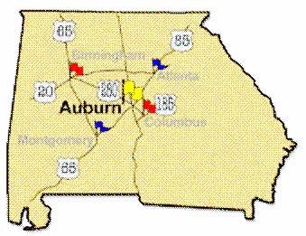 The City of Auburn, Alabama Home of Auburn University Location Auburn is located in east central Alabama at the junction of the Piedmont Plateau and the Coastal Plains.