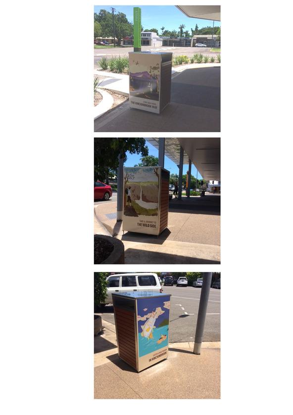 Ingham CBD Rubbish Bins Three new rubbish bin were installed in the Ingham CBD in 2016/17 reflecting a contemporary design incorporating the best artwork from the Hinchinbrook Way art series