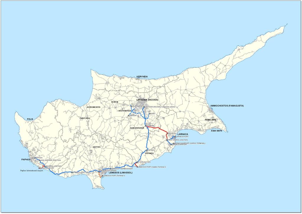 Larnaca-Ammochostos (Famagusta) Motorway (A3) Link Road: Larnaca Port-A2/A5 Paphos Airport Lemesos(Limassol)-Saittas Motorway (A8) Lemesos (Limassol)-Paphos Motorway (A6)