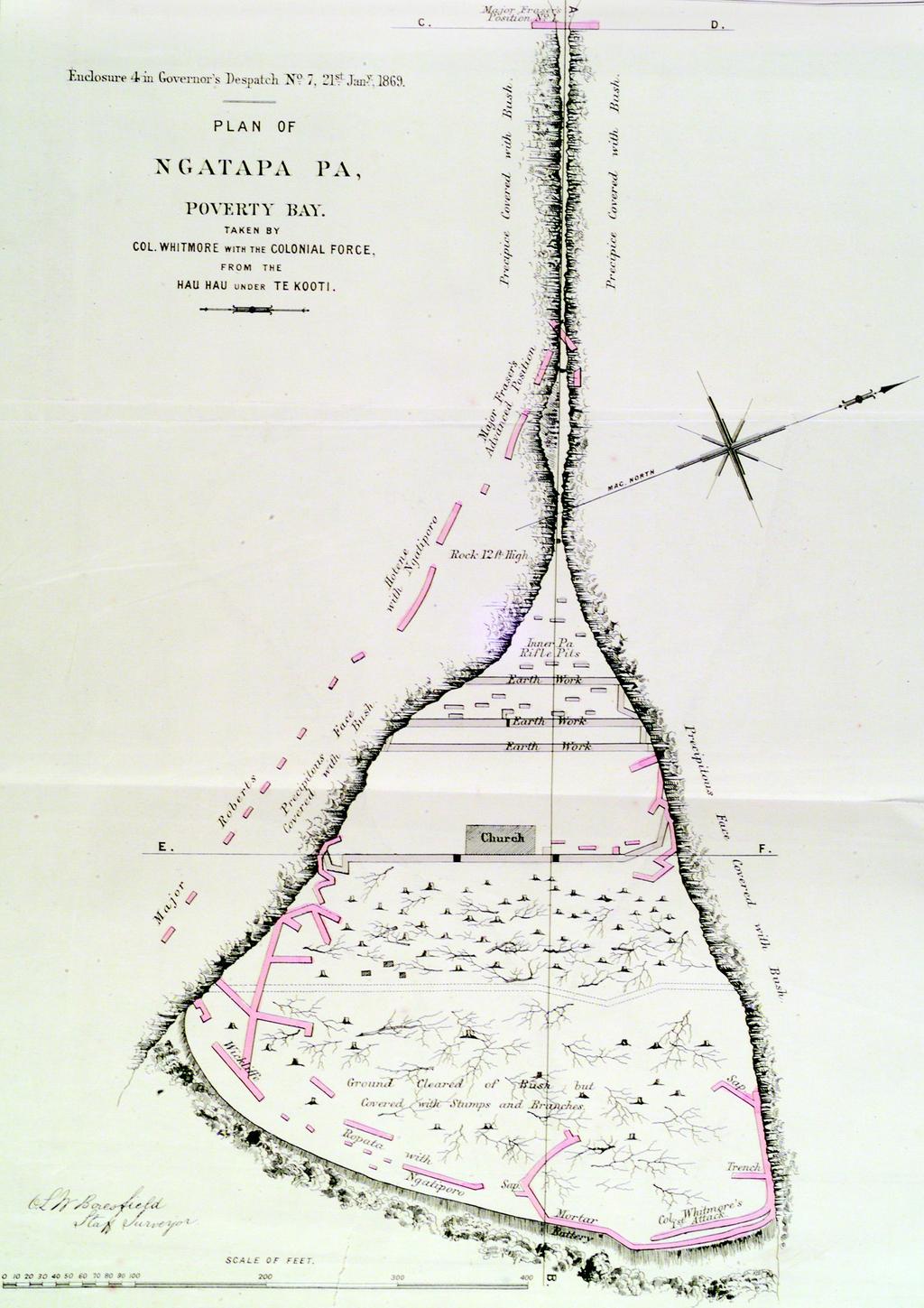 Figure 63. Ngatapa: a series of defensive lines cross the narrowing upper end of Te Kooti s hill-top pā.