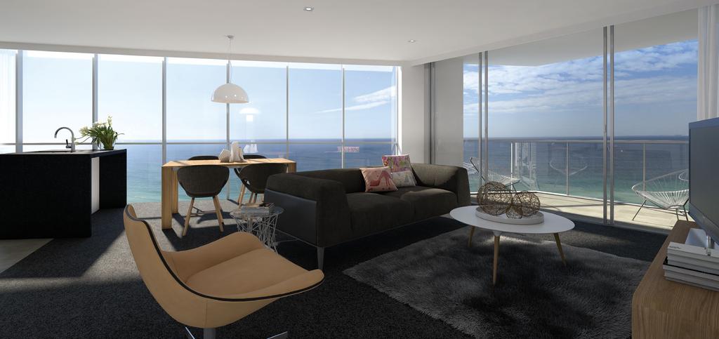 Artist s impression of one bedroom apartment contemporary coastal style Each of Rhapsody s 1 and 2 bedroom apartments and studios is a contemporary blend