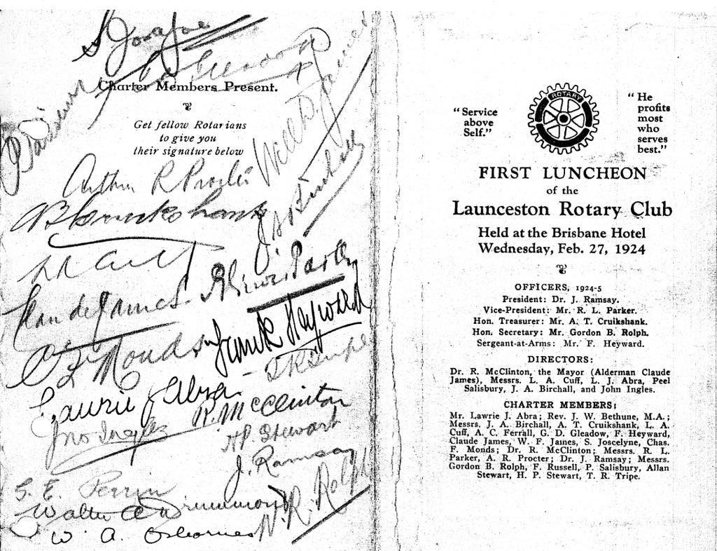 2 The front and back covers of the program for the first meeting of the Rotary Club of Launceston on 27th February 1924, two weeks after Professor Osborne, the first President of the Rotary Club of