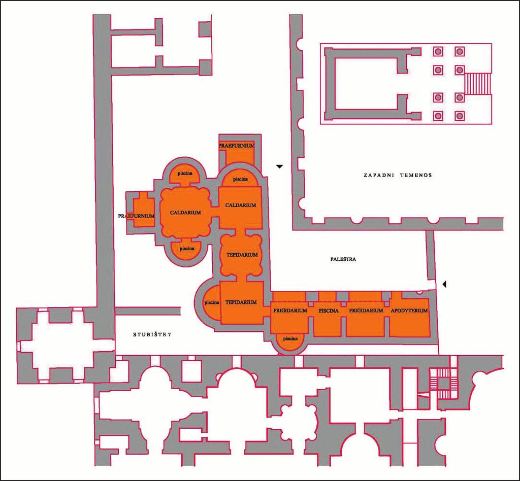 VAHD 109, 2016, 259-290 Tab. 8. Istraženi dio zapadnih terma Dioklecijanove palače umetnutih naknadno u prostor između središnjeg sakralnog dijela Palače i Careva stana (21). Rekonstrukcija dr. J.