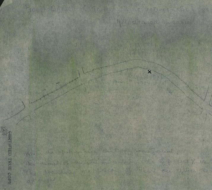 Annotations on bottom of sketch believed to read: (X has been darkened) X marks the spot where the body was found The _ of visibility on (station) side of point X is 80 yards in daylight The