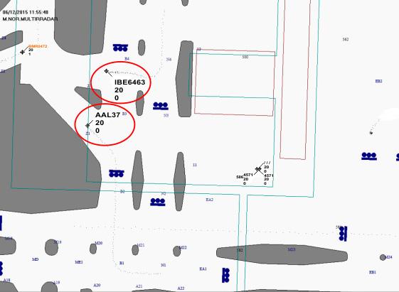 Figure 17. Multilateration radar image from 11:55:48 Thirty-seven seconds later, aircraft IBE6463 started to move to the inside of taxiway Z3, stopping again at 11:57:17, fully within taxiway Z3.