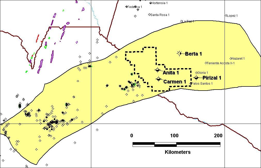 Proven petroleum system inaccessible in Paraguay for past 25 years N 63w 0 100 200 Kilometres 60w Rift Basin crossing country border Caimancito 59 mmb Giant Palaeozoic gas fields Olmeda Sub Basin 155