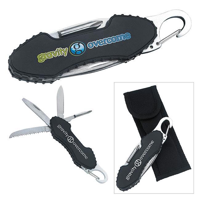 21113 5-in-1 Multi-Tool Attach the built-in carabiner to your hiking backpack, tackle box, camping gear or other supplies Texture handle offering better grip Includes a belt pouch ABS (Acrylonitrile