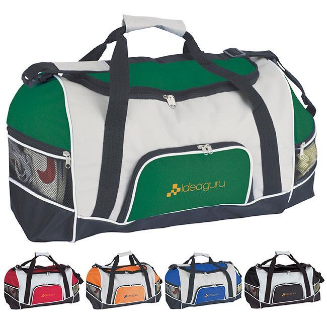 15507 Tri-Pocket Sport Duffel Zippered main compartment Zippered front pocket Zippered side pockets with mesh panels Adjustable shoulder strap with pad and carrying handles 600D Polyester 18 w x 12 h