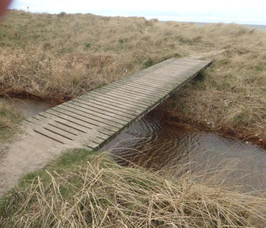 NJ216710 Narrow wooden slatted footbridge across burn with no side rails and questionable weight bearing capacity Follow