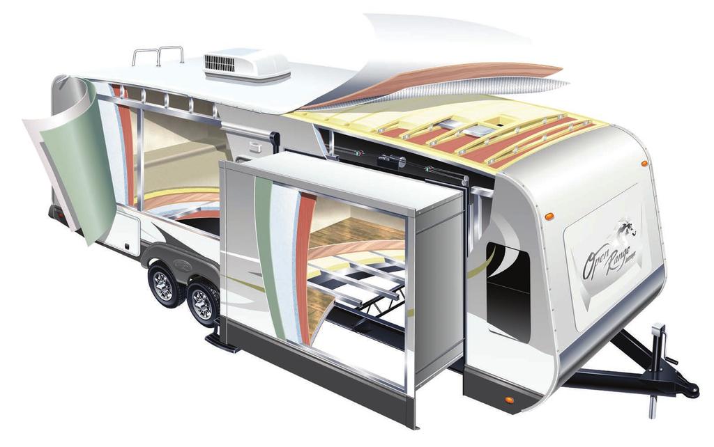 Travel Trailer Construction 4 Extended Drip Spouts Residential Rebound Pad Block Foam Insulation Accu-Slide Slide-Out System PVC Roof Material Plywood Roof Decking R-38*