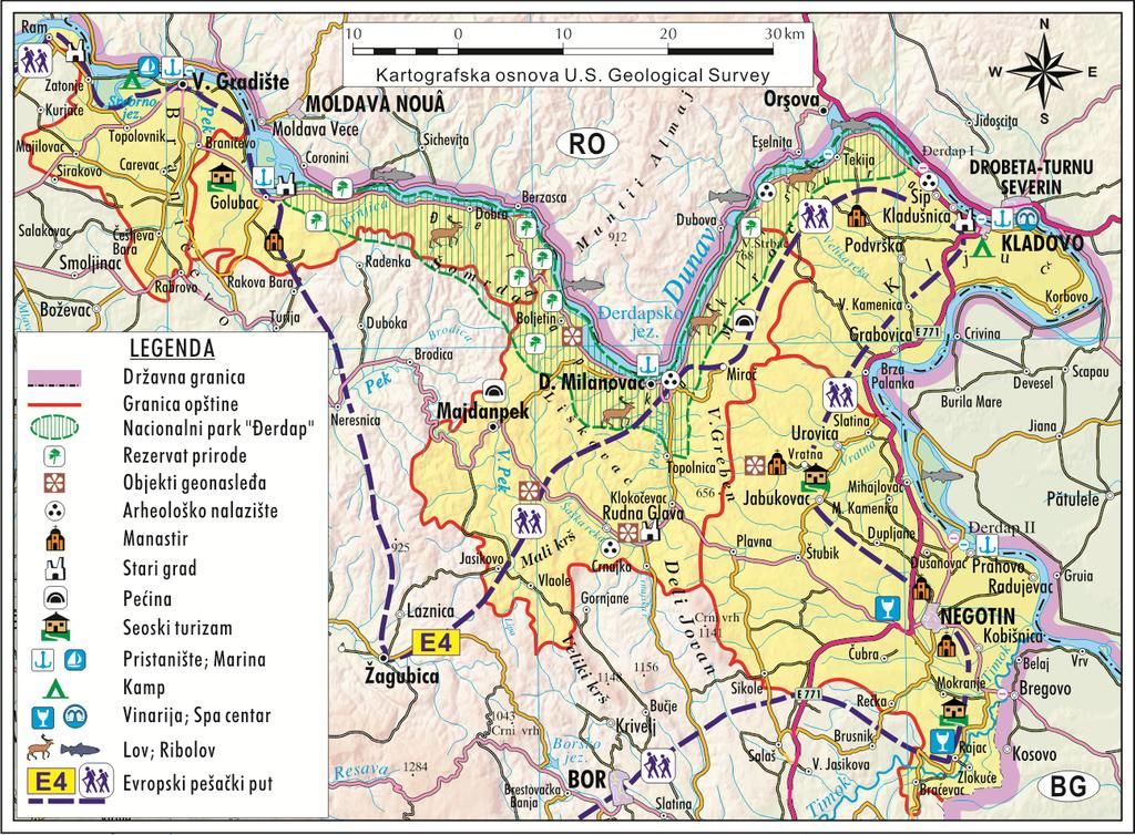 1462 Слика 1. Туристичка карта Доње Подунавље Ђердапско језеро чини највећу хидролошку вредност Националног парка Ђердап.