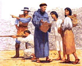 The Spaniards and American Indians A mission brought together two different groups of people. The missionaries came from Spain and were Franciscans, Catholic priests who had taken a vow of poverty.