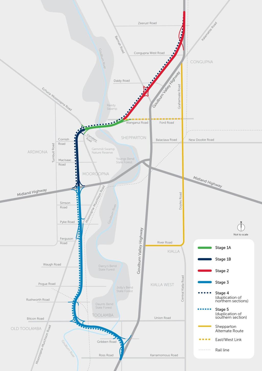 Figure 3: Staged Shepparton Bypass, highlighting the Shepparton Alternate Route and East West link along Ford Road and Wanganui Road 16.