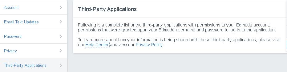 Account / Third party Applications obaviještava vas o popisu aplikacija te vas u slučaju nejasnoća usmjeravaju na Help