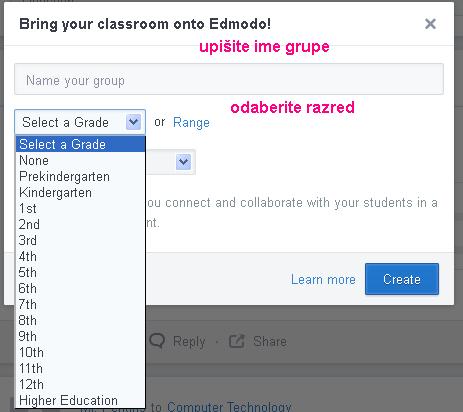 Da biste kreirali grupu u lijevom bloku pod nazivom Groups kliknite na ikonicu : Otvorit će se padajući izbornik sa opcijama Create (Kreiraj grupu) i Join