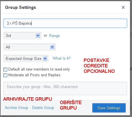 (slika 87: Promjena i uređivanje postavki) Klikom na Group settings otvara se prozor (kao na slici 73.-76.). Ovdje možete urediti postavke grupe: promijeniti naziv, razred, područje rada, očekivani broj članova grupe.