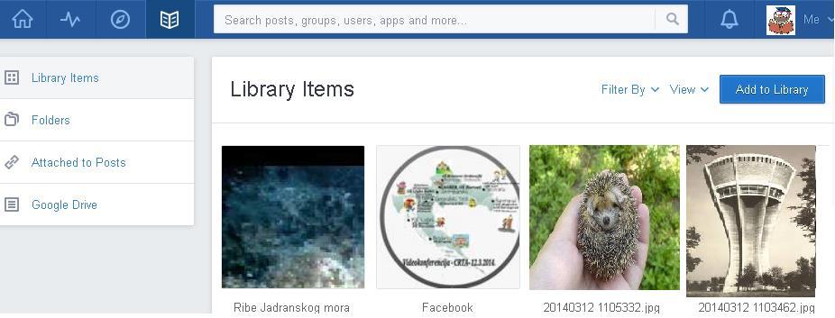 Osim Library Items imate mogućnost odabrati Folders, Attached to Posts i Google Drive. (slika 112: Library Items) Library Items prikaz cjelokupnog sadržaja biblioteke.