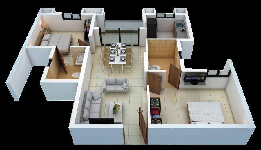 ISOMETRIC VIEWS 2BHK + 2T Note : In all plans furniture