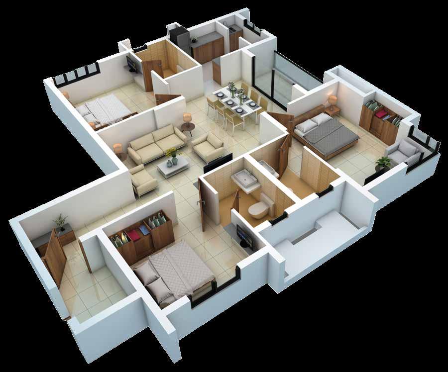 3BHK + 3T Note : In all plans furniture s, wall