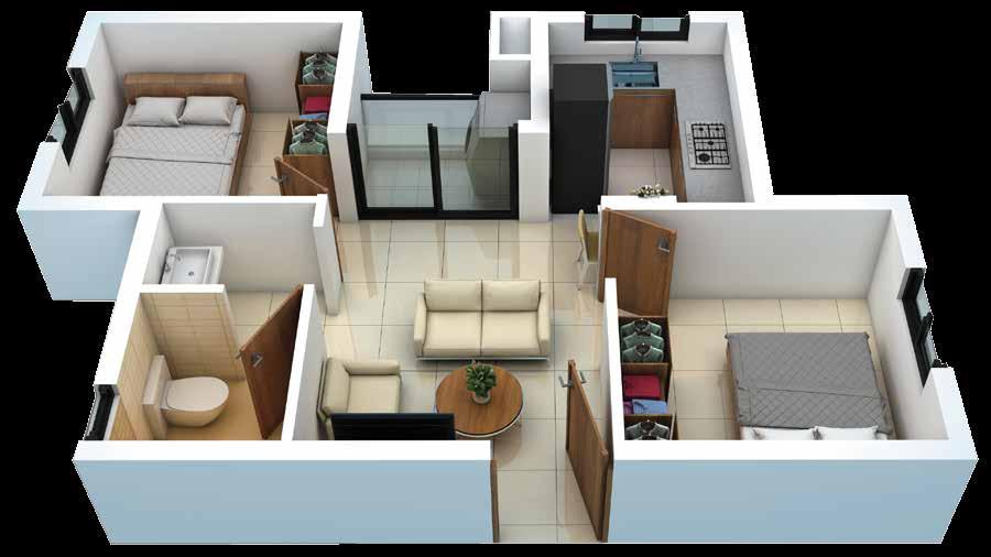 ISOMETRIC VIEW COZY - 2BHK + 1T Note : In all plans furniture s, wall papers, kitchen appliances and other accessories
