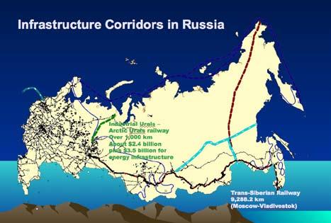 frastructure corridor to the Bering Strait. The blue line shows oil and gas pipelines; and in dark blue, the Northern Seaway, which was widely used through the Soviet period.