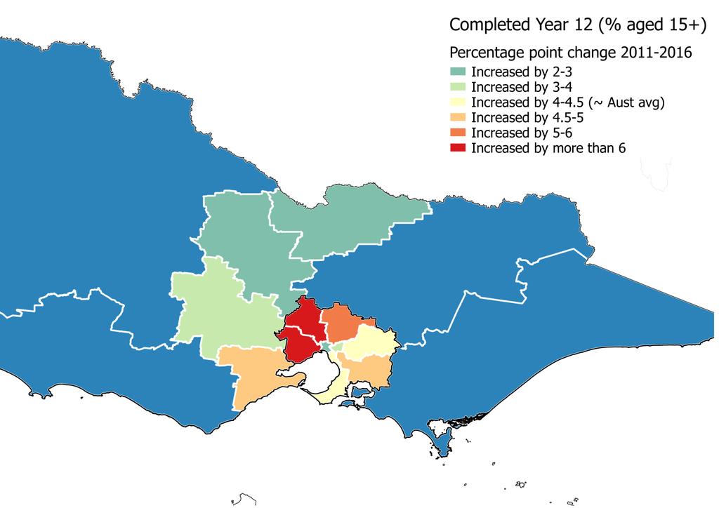 Skills gap divergence Map: Change in share of persons completing year 12 Source: ABS Census 2016 Significant improvement in school completions in the fast growing outer suburbs Year 12 completions