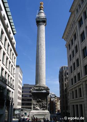 Monument to the Gtreat Fire of London On 2 September 1666, a fire broke out in Pudding Lane, which destroyed three quarters of London in only three days. It was the Great Fire of London.