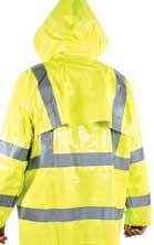 The jacket includes a collar hood, back vent with D-Ring opening, zipper front, two patch pockets with hook and pile flaps and 3M TM Scotchlite TM reflective trim.