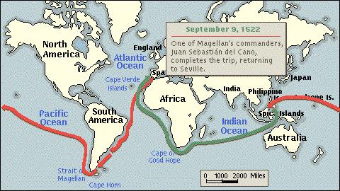 Around the World With the first circumnavigation, by the Magellan (Magalhães)/ Del Cano in 1519-22, the